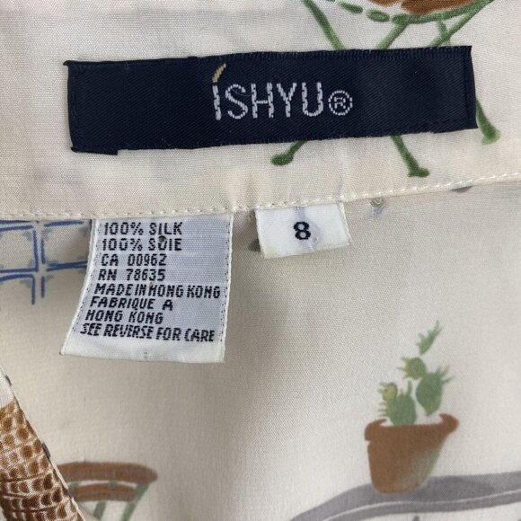 Ishyu Womens 8 Whimsical Silk Button-Down Shirt Colorful Chair Table Print VTG - Picture 3 of 15